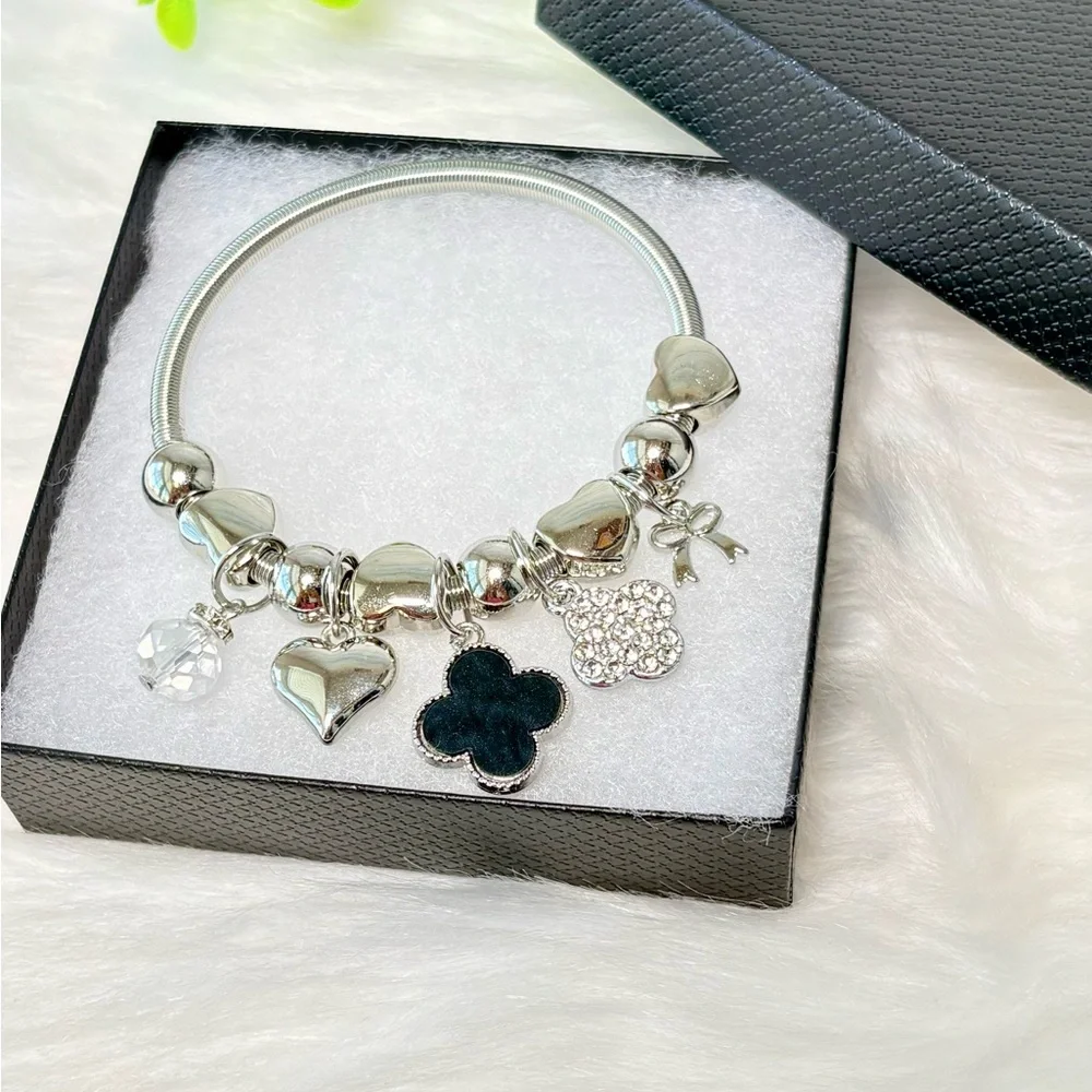 Silver Clover Charm Bracelet with Hearts - Picture 9 of 14